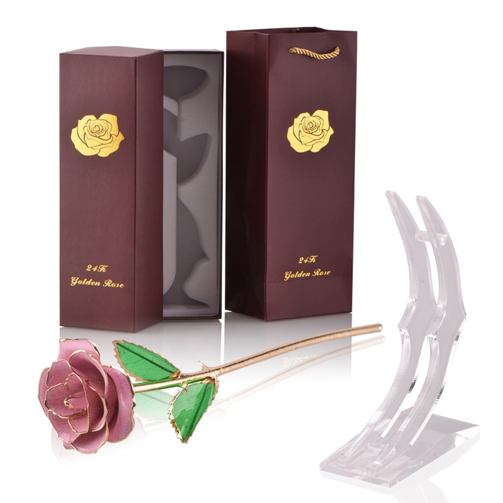 Gifts for Women 24k Gold Dipped Rose with Stand Eternal Flowers Forever Love In Box Girlfriend Wedding Valentine Gift for Her L Pink with stand China