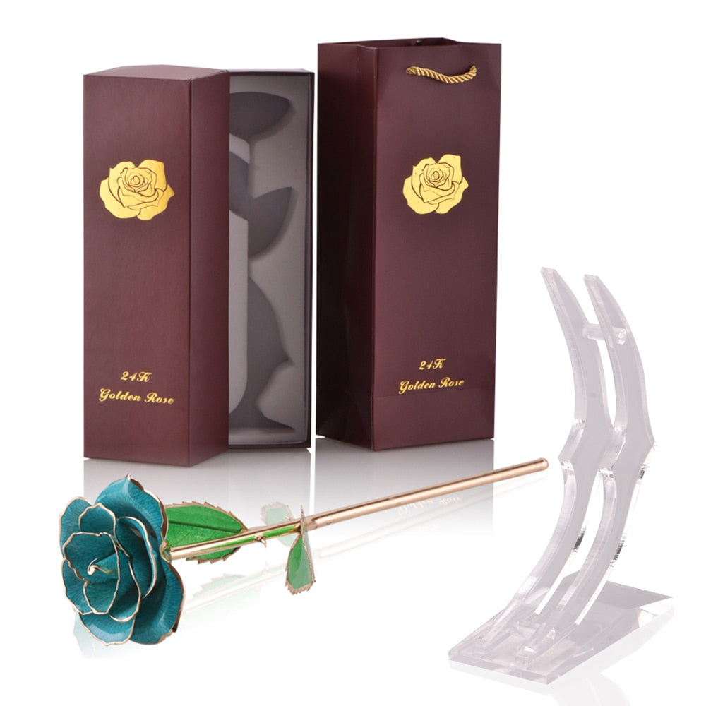 Gifts for Women 24k Gold Dipped Rose with Stand Eternal Flowers Forever Love In Box Girlfriend Wedding Valentine Gift for Her L Blue with stand China