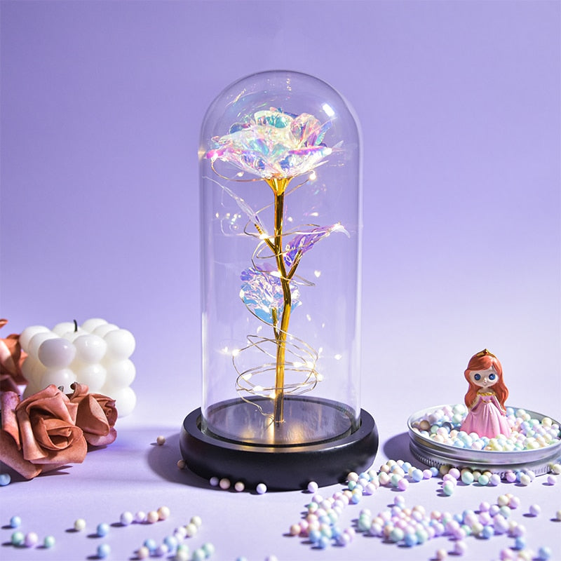 Mothers Day Gifts Beauty and The Beast Preserved Roses In Glass Galaxy Rose LED Light Artificial Flower Gift for Mom Women Girls Black Base-Galaxy