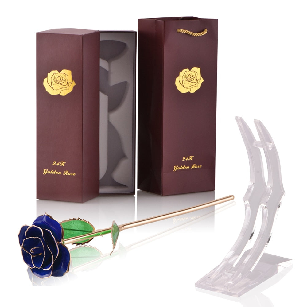 Gifts for Women 24k Gold Dipped Rose with Stand Eternal Flowers Forever Love In Box Girlfriend Wedding Valentine Gift for Her D Blue with stand China