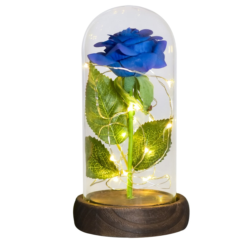 Mothers Day Gifts Beauty and The Beast Preserved Roses In Glass Galaxy Rose LED Light Artificial Flower Gift for Mom Women Girls Silk Rose-Blue China