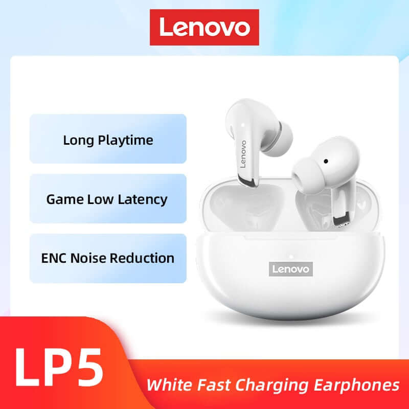 100% Original Lenovo LP5 Wireless Bluetooth Earbuds HiFi Music Earphone With Mic Headphones Sports Waterproof Headset 2021New White Fast charging