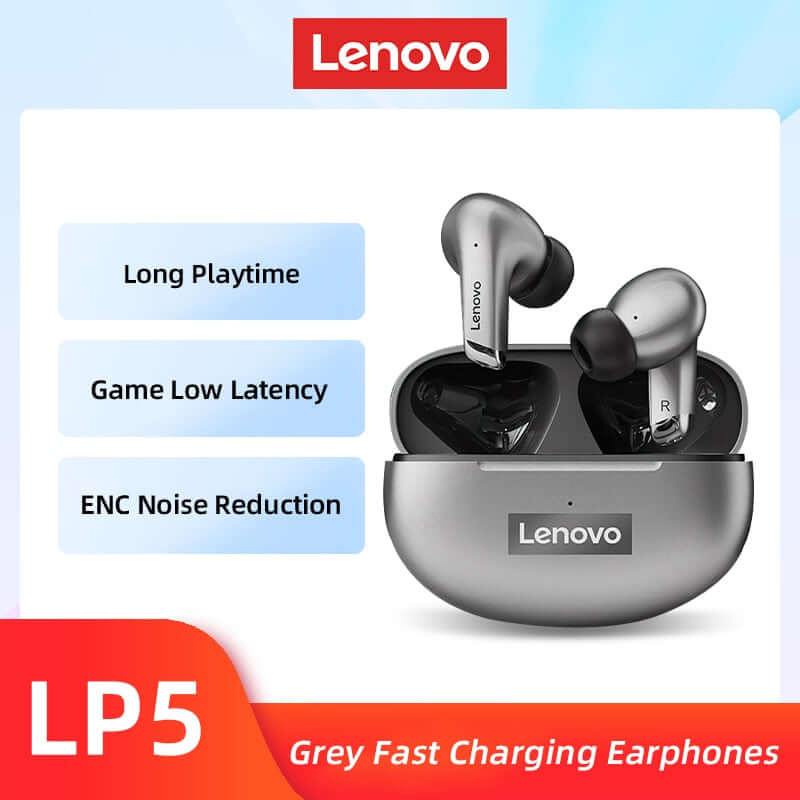 100% Original Lenovo LP5 Wireless Bluetooth Earbuds HiFi Music Earphone With Mic Headphones Sports Waterproof Headset 2021New Gray Fast charging