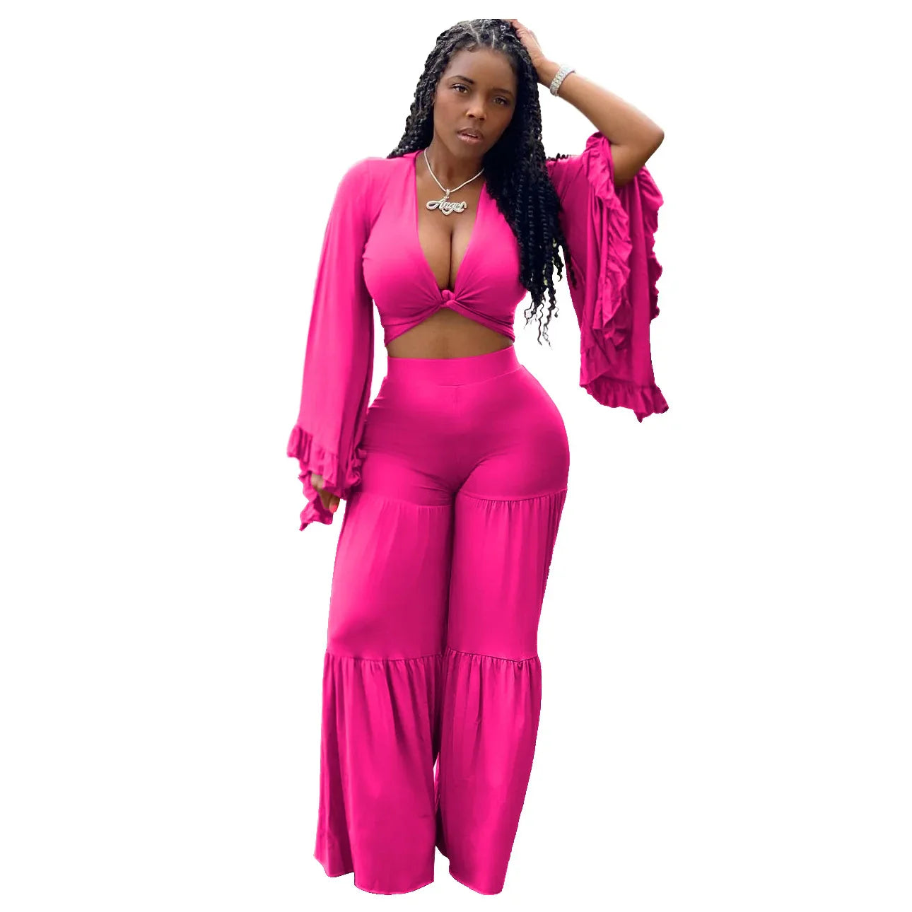 Casual Spring And Autumn For Women's Solid Color Long Sleeved Chest Wrap Top and Wide Leg Trousers Female Office 2 Piece Set