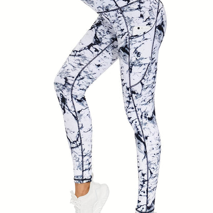 Phonepocketed Plus Size Sports Leggings High Stretch Butt Lifting White/marble