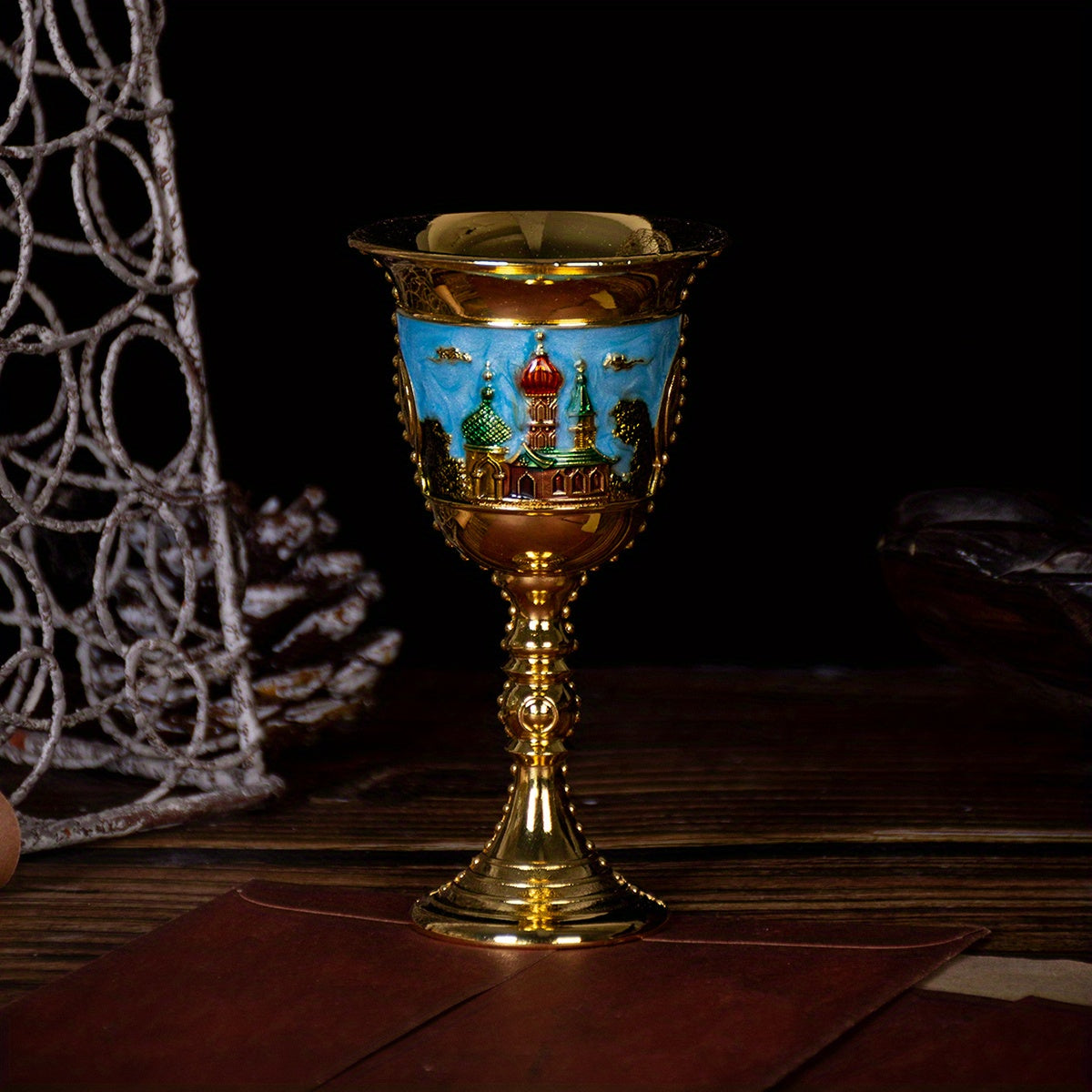1pc, Chalice Golblet, Vintage Metal Embossed Wine Cup, Summer Winter Drinkware, Home Kitchen Items, Mother's Day Gifts, Father's Day Gifts Golden Sky Blue