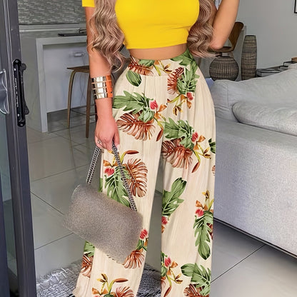 Boho Summer Two Pieces Set, Cropped Solid Short Sleeve T-shirt & High Waist Floral Print Wide Leg Pants Outfits, Women's Clothing Golden