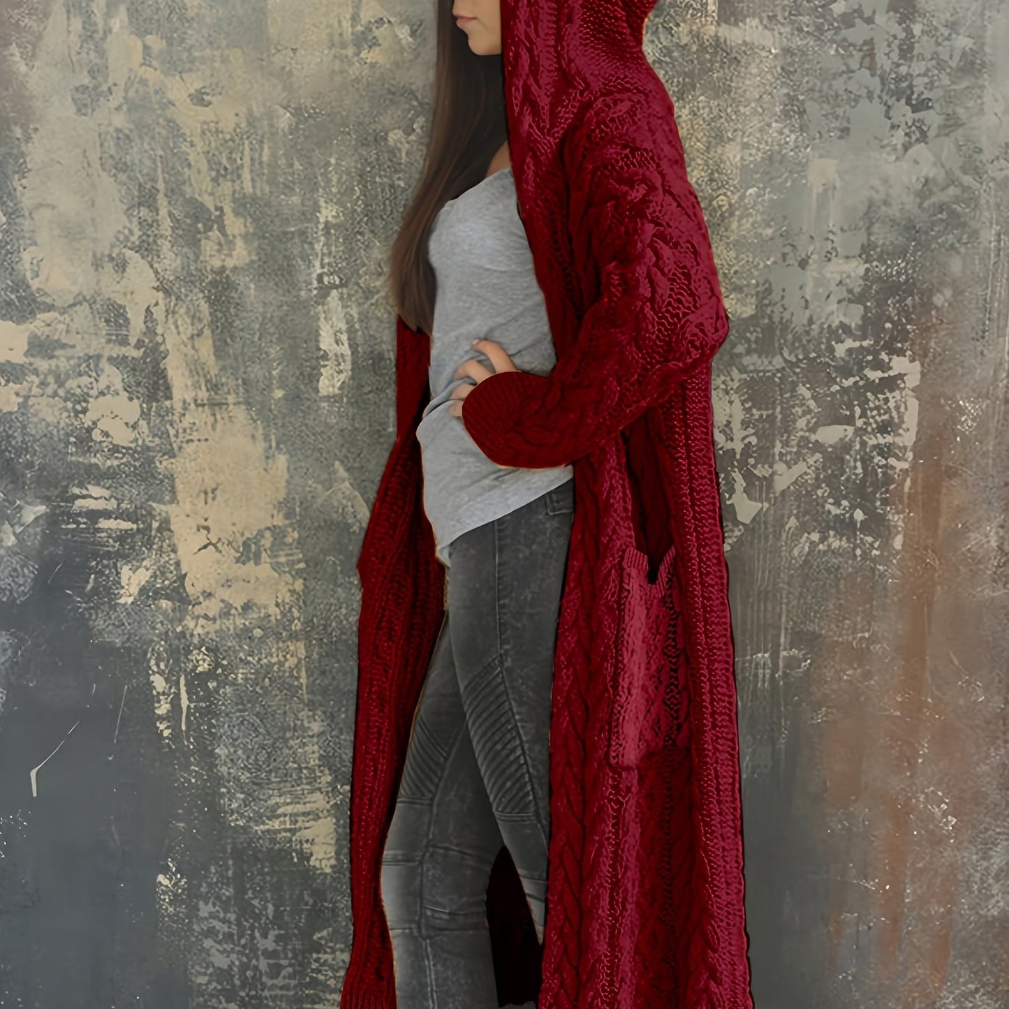 Plus Size Women's Solid Color Hooded Cardigan Coat, Casual Knitted Sweater Coat Burgundy