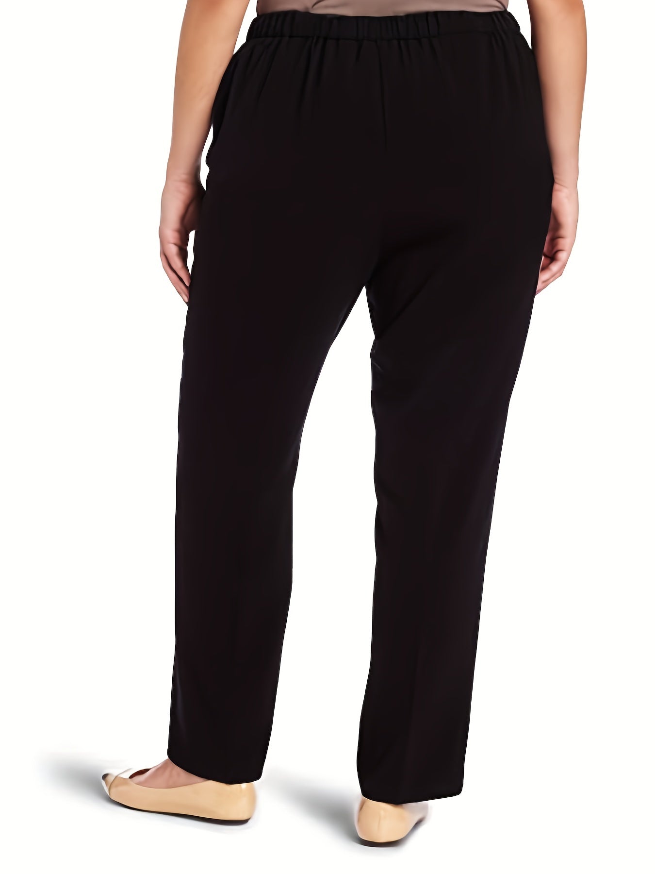 Plus Size Casual Pants, Women's Plus Solid High Stretch Straight Leg Pants With Pockets