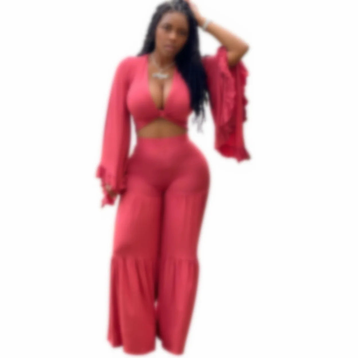 Casual Spring And Autumn For Women's Solid Color Long Sleeved Chest Wrap Top and Wide Leg Trousers Female Office 2 Piece Set