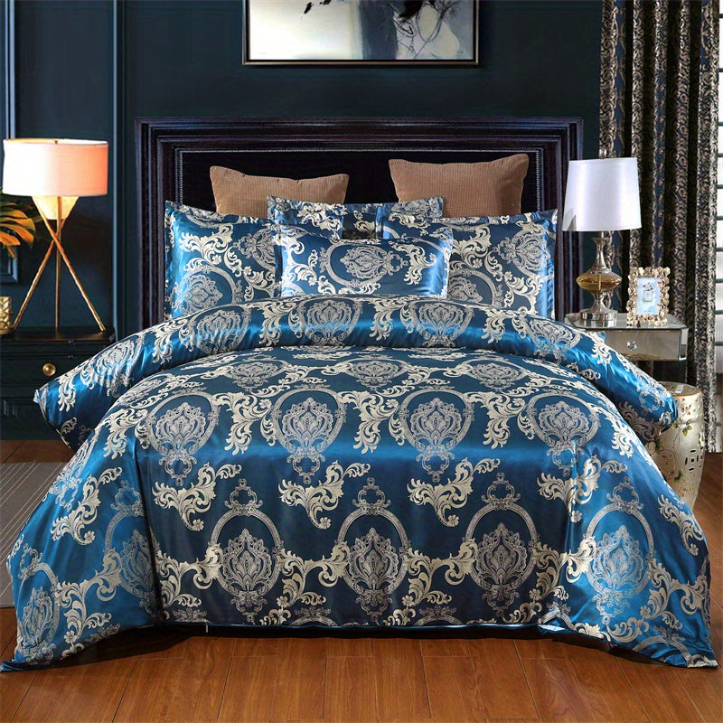 3pcs European Satin Jacquard Duvet Cover Set, Bedding Set For Bedroom, Guest Room (1*Duvet Cover + 2*Pillowcase, Without Core) Blue Full