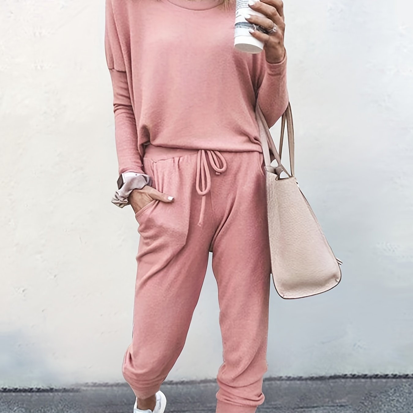 Casual Solid Two-piece Set, Long Sleeve T-shirt & Drawstring Pants Outfits, Women's Clothing Pink