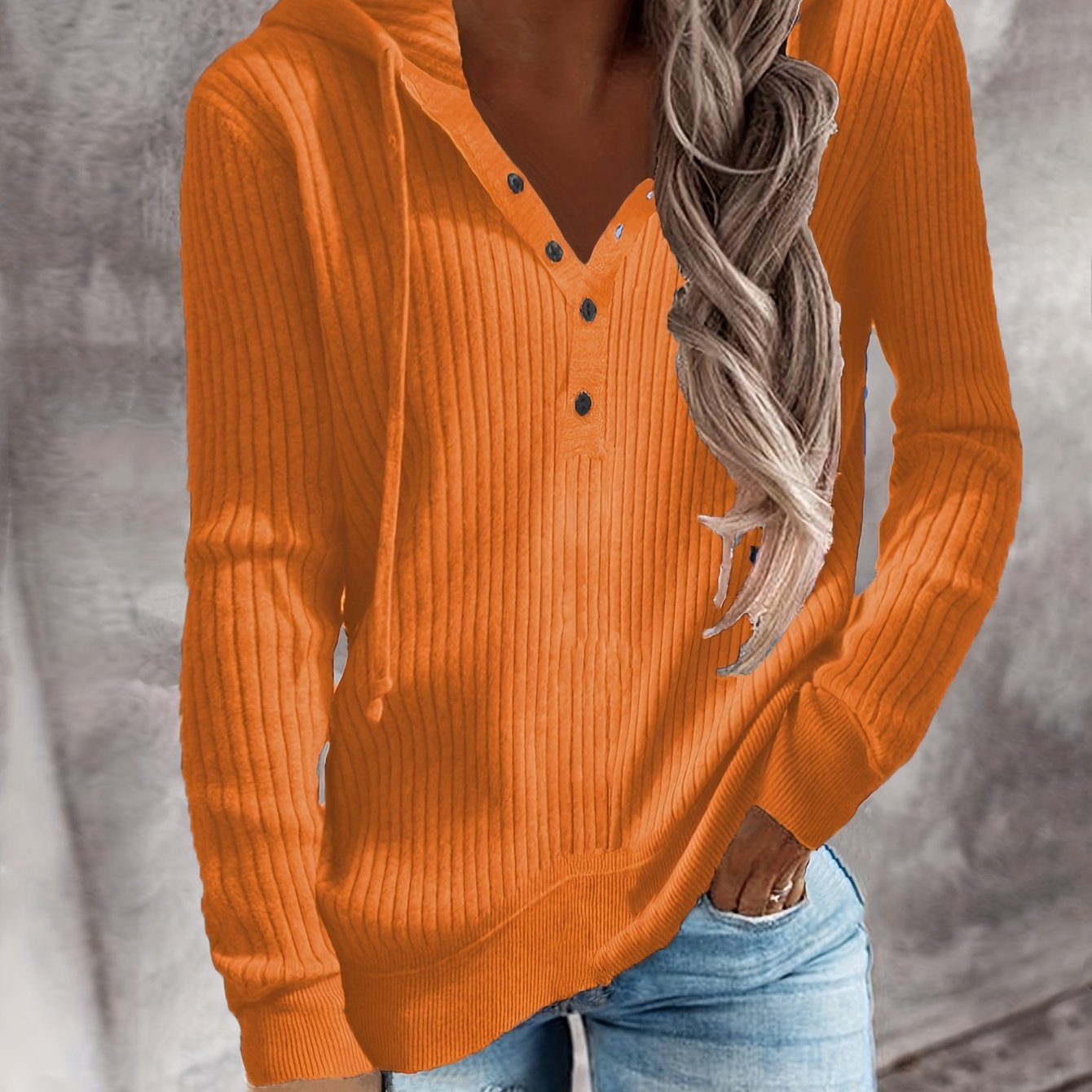 Plus Size Casual Coat, Women's Plus Solid Ribbed Long Sleeve Drawstring Hoodie Button Up Coat Orange
