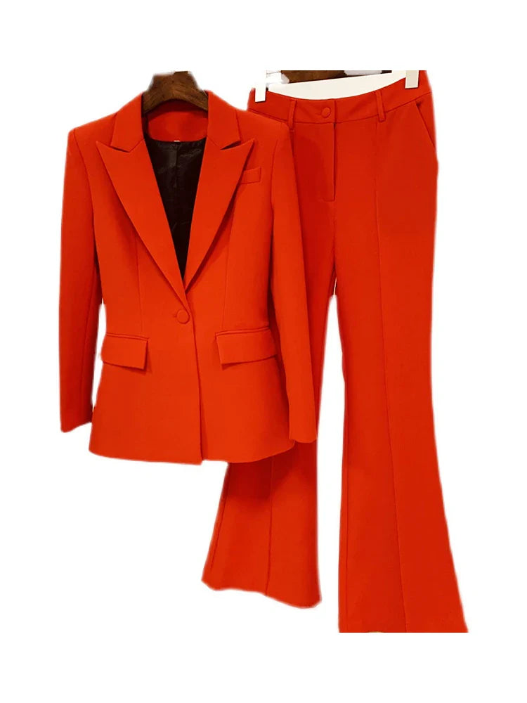 HIGH QUALITY New Fashion 2024 Designer Blazer Suit Set Women's Single Button Red Blazer Flare Pants Suit