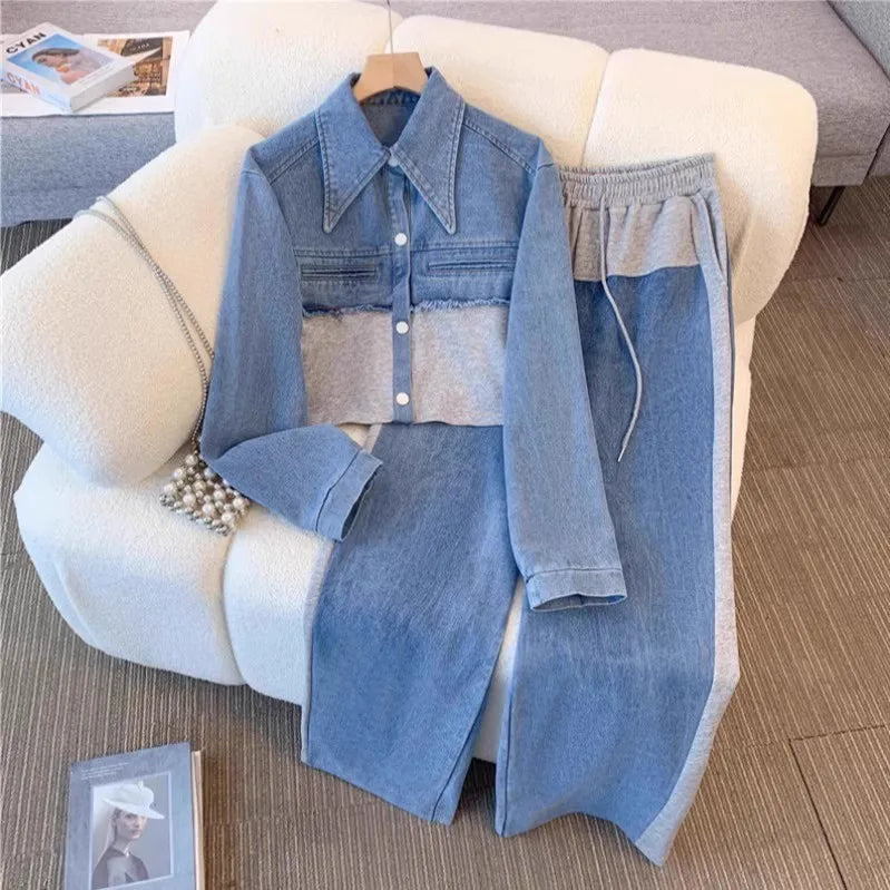 Two Piece Sets Women Pant Set Denim Splice Matching Sets Spring Top Wide Leg Long Pants Casual Loose Lace Up High Waist Jogger