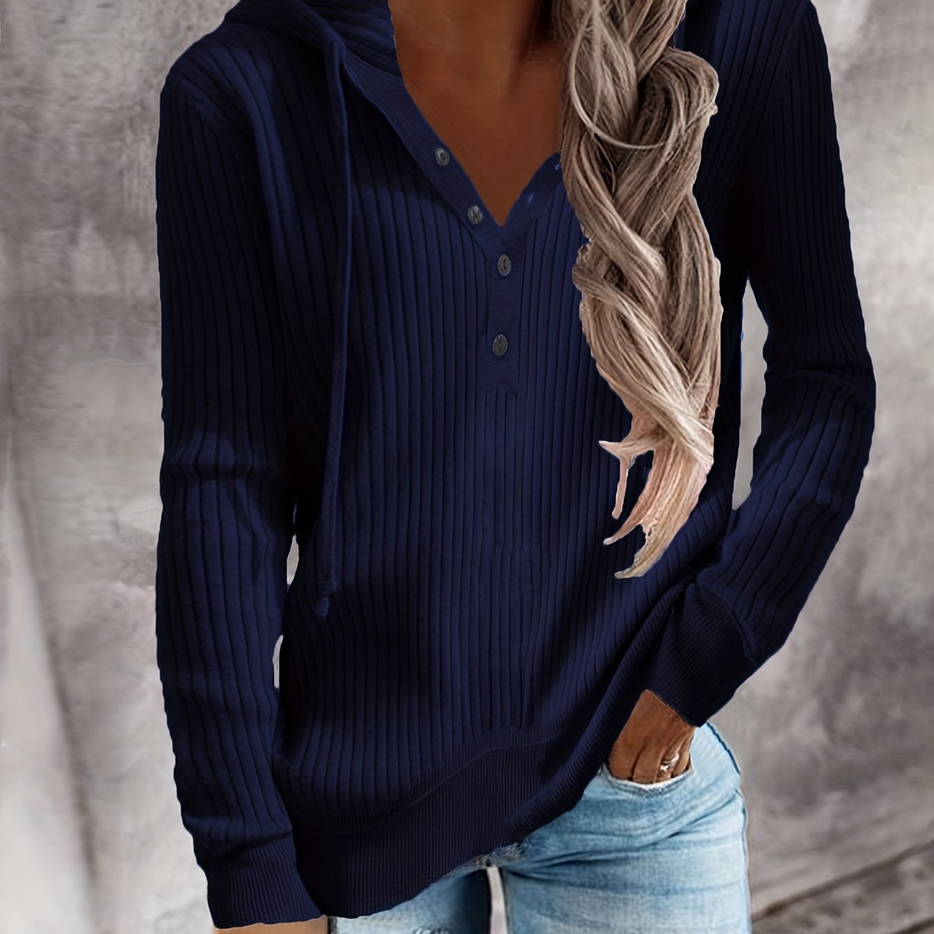 Plus Size Casual Coat, Women's Plus Solid Ribbed Long Sleeve Drawstring Hoodie Button Up Coat Purplish Blue