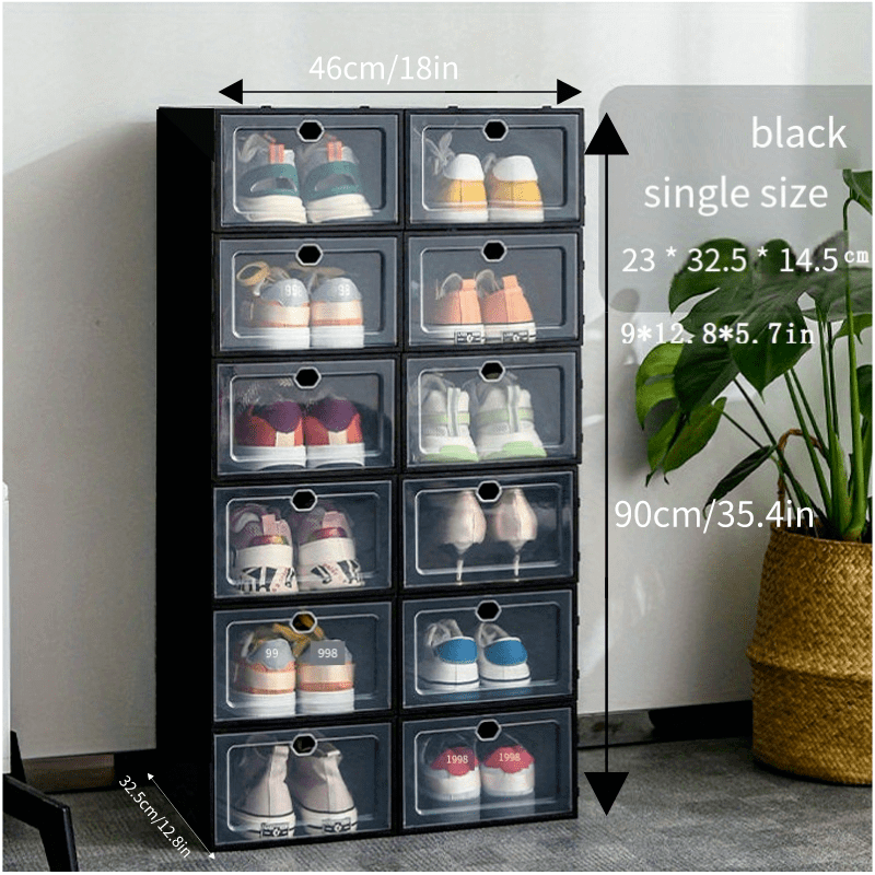 12pcs Thickened Plastic Shoes Boxes, Transparent Easy Assembly Shoes Organizer, Dustproof PP Shoes Box For Men And Women, Side Opening Door Shoes Cabinet, High Quality Shoes Storage Box Overall Black