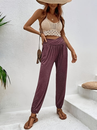 Plus Size Sporty Pants, Women's Plus Solid Tummy Control Slight Stretch Jogger Trousers With Pockets