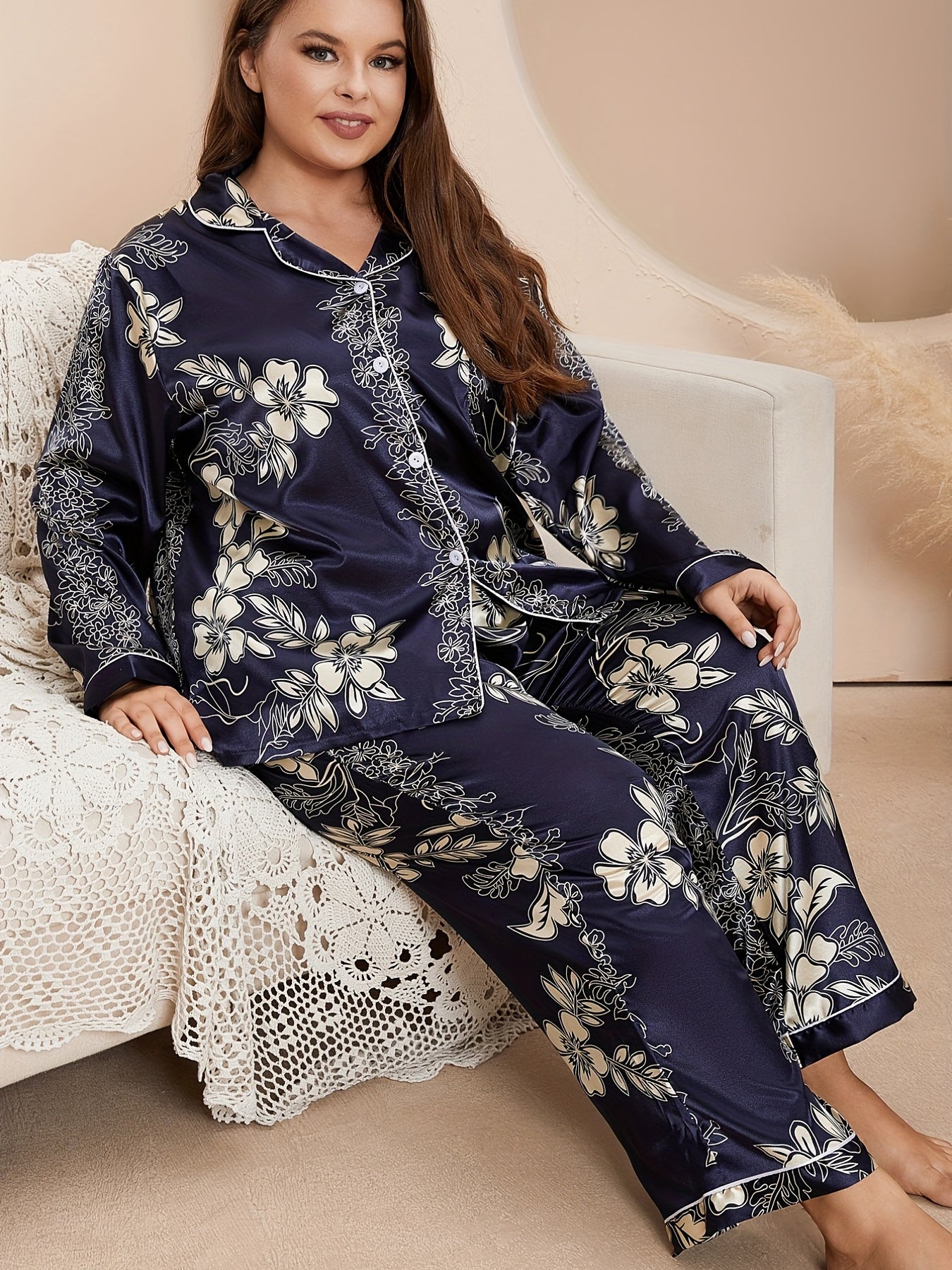 Elegant Plus Size Floral Pajama Set