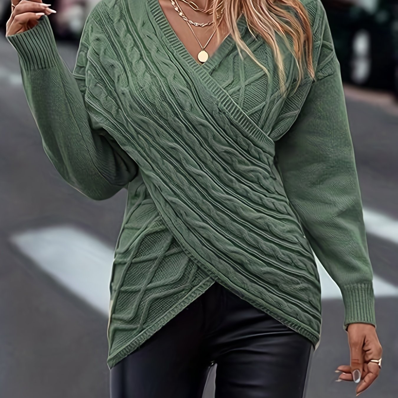 Plus Size Elegant Sweater, Women's Plus Solid Cable Drop Shoulder Long Sleeve Wrap Cross V Neck Jumper Army Green