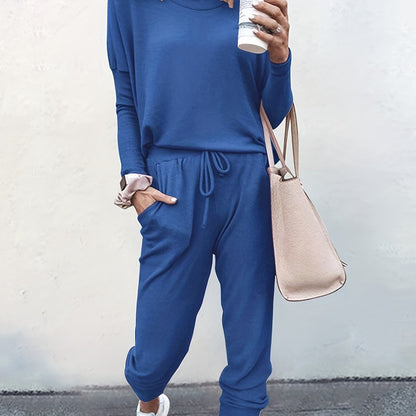 Casual Solid Two-piece Set, Long Sleeve T-shirt & Drawstring Pants Outfits, Women's Clothing Blue
