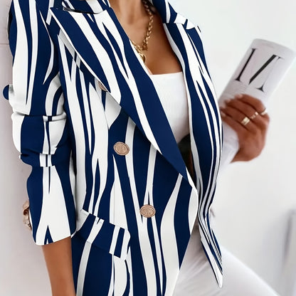 Plus Size Elegant Blazer, Women's Plus Chain Print Double Breasted Lapel Collar Long Sleeve Blazer Blue