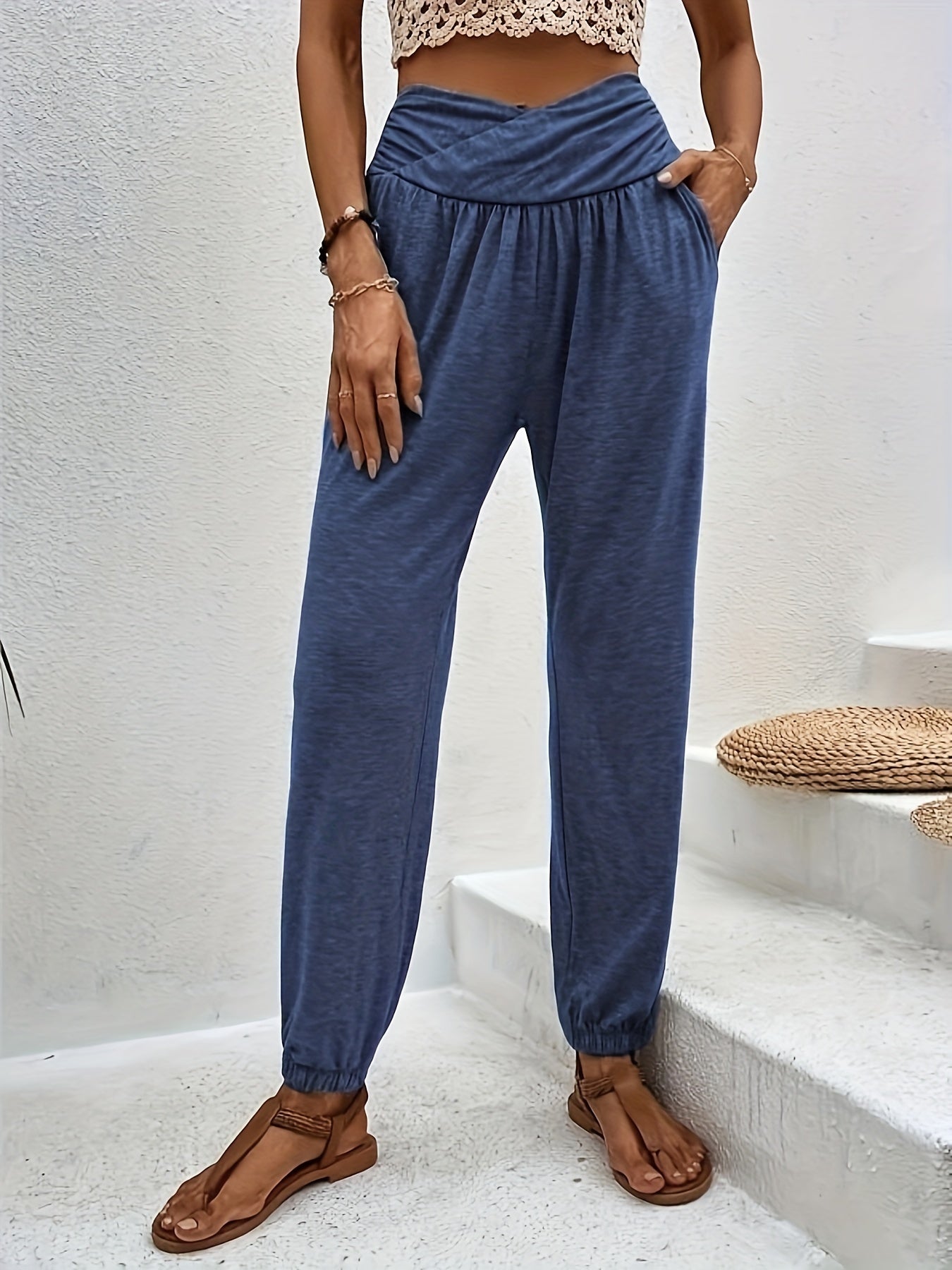 Plus Size Sporty Pants, Women's Plus Solid Tummy Control Slight Stretch Jogger Trousers With Pockets