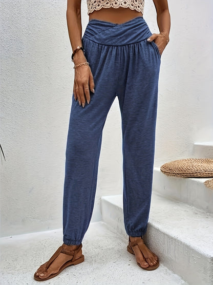 Plus Size Sporty Pants, Women's Plus Solid Tummy Control Slight Stretch Jogger Trousers With Pockets