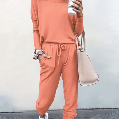 Casual Solid Two-piece Set, Long Sleeve T-shirt & Drawstring Pants Outfits, Women's Clothing Watermelon Red