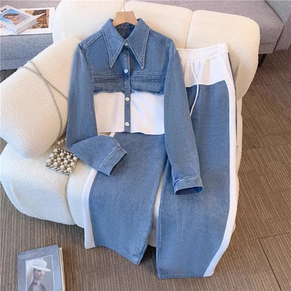 Two Piece Sets Women Pant Set Denim Splice Matching Sets Spring Top Wide Leg Long Pants Casual Loose Lace Up High Waist Jogger