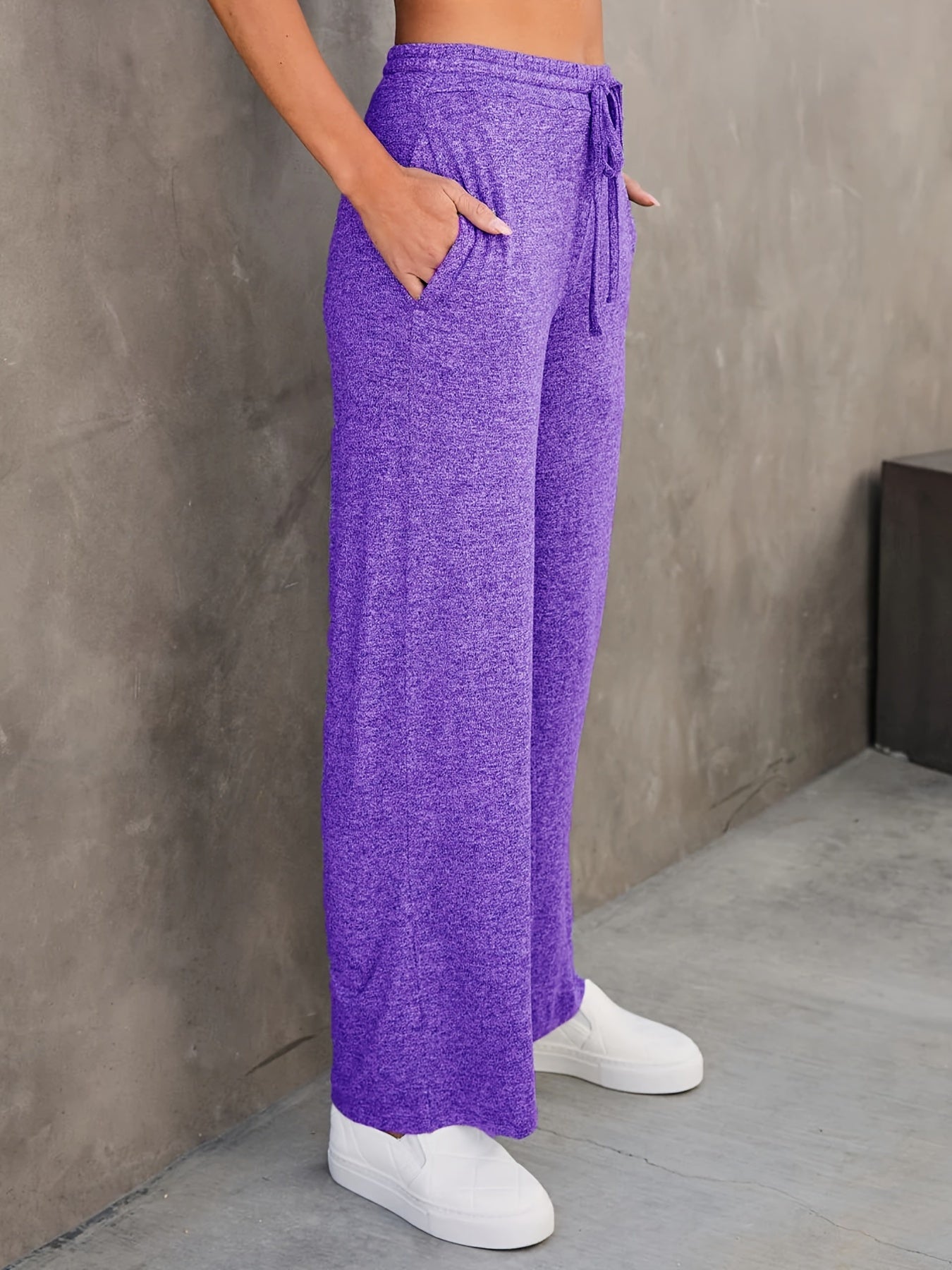 Plus Size Casual Pants, Women's Plus Solid Elastic Drawstring High Rise Medium Stretch Loose Straight Leg Pants