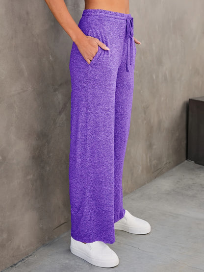Plus Size Casual Pants, Women's Plus Solid Elastic Drawstring High Rise Medium Stretch Loose Straight Leg Pants