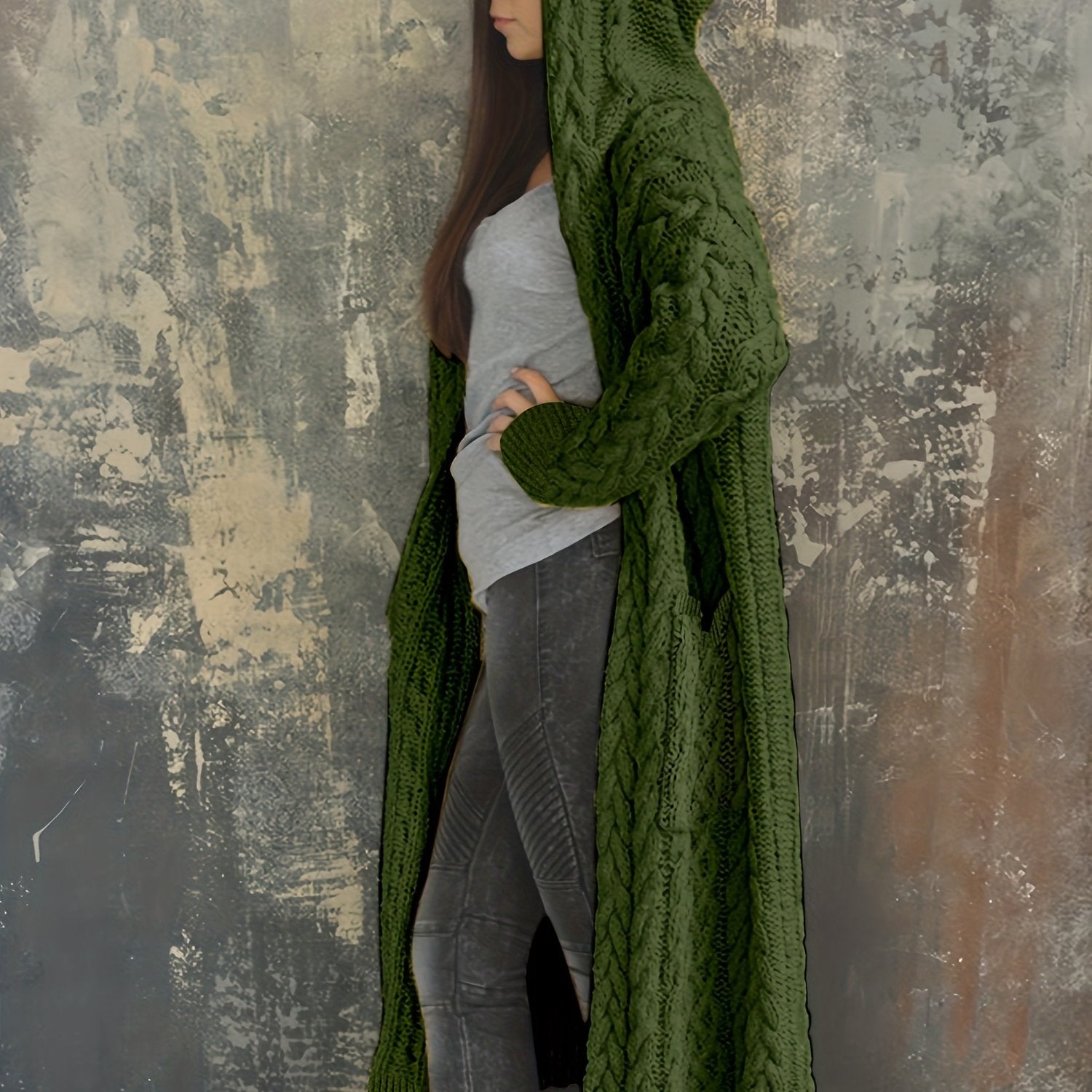 Plus Size Women's Solid Color Hooded Cardigan Coat, Casual Knitted Sweater Coat Green