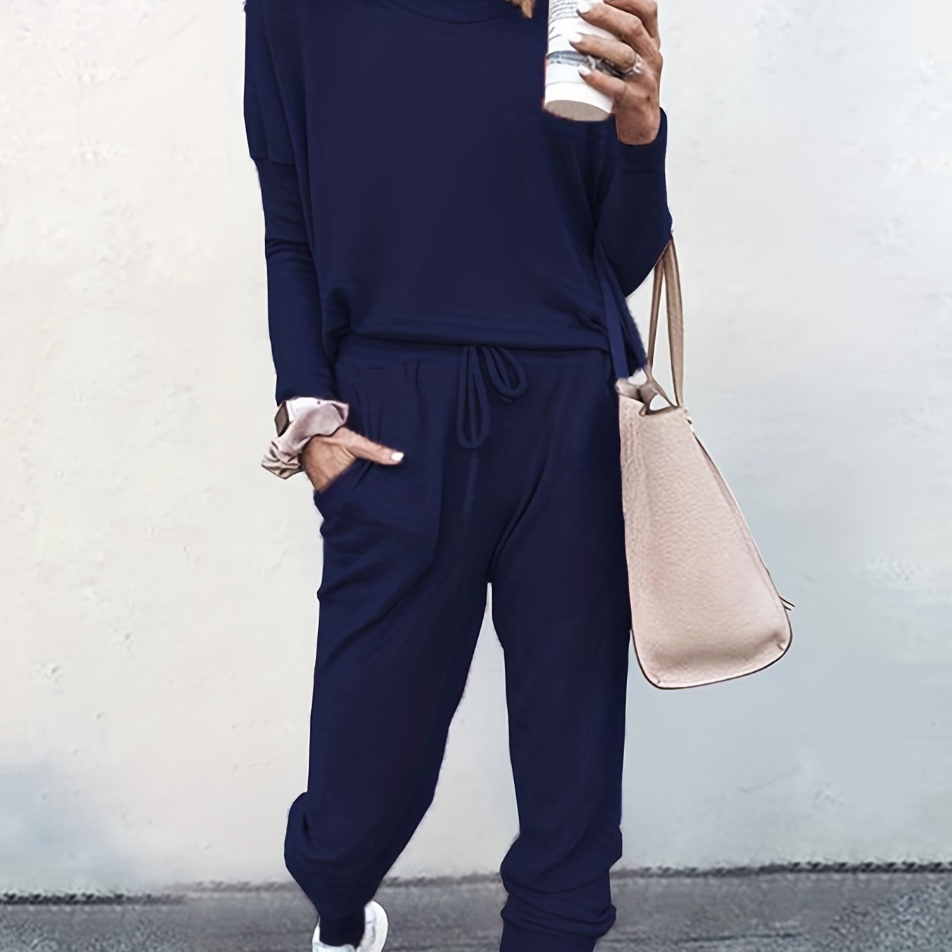 Casual Solid Two-piece Set, Long Sleeve T-shirt & Drawstring Pants Outfits, Women's Clothing Navy Blue