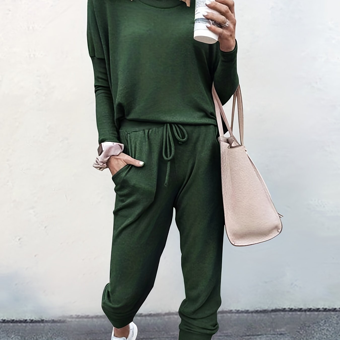 Casual Solid Two-piece Set, Long Sleeve T-shirt & Drawstring Pants Outfits, Women's Clothing Dark Green