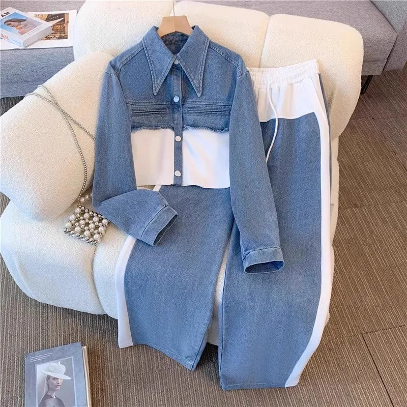 Two Piece Sets Women Pant Set Denim Splice Matching Sets Spring Top Wide Leg Long Pants Casual Loose Lace Up High Waist Jogger