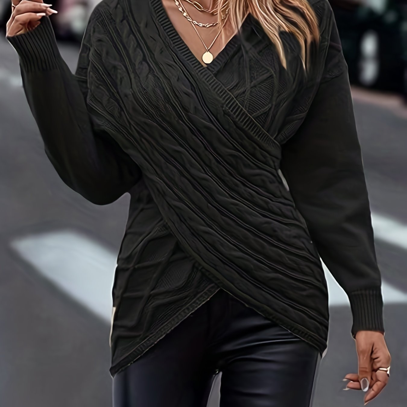 Plus Size Elegant Sweater, Women's Plus Solid Cable Drop Shoulder Long Sleeve Wrap Cross V Neck Jumper black