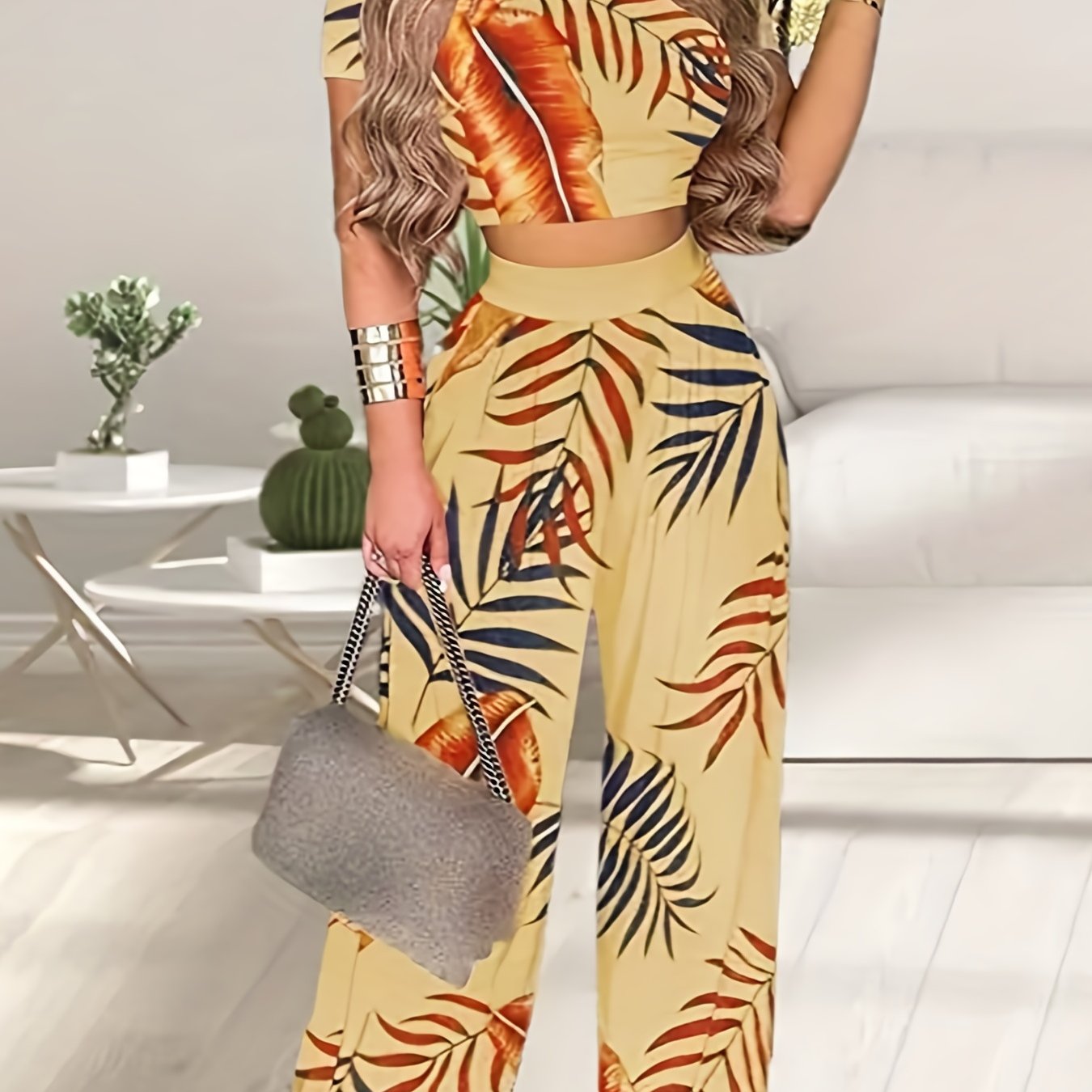 Boho Summer Two Pieces Set, Cropped Solid Short Sleeve T-shirt & High Waist Floral Print Wide Leg Pants Outfits, Women's Clothing Big Leaves