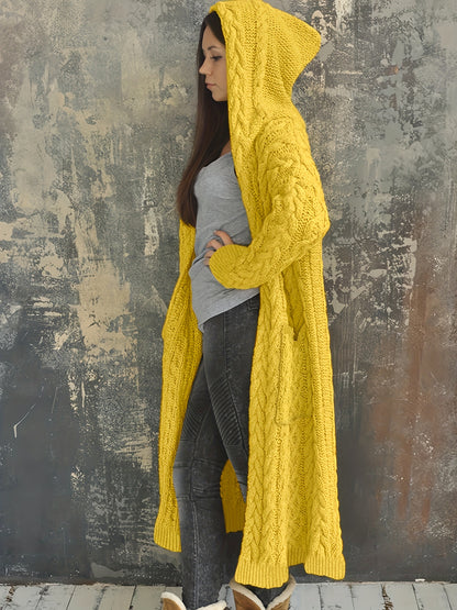 Plus Size Women's Solid Color Hooded Cardigan Coat, Casual Knitted Sweater Coat