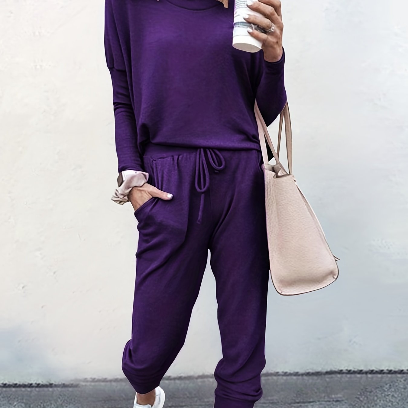 Casual Solid Two-piece Set, Long Sleeve T-shirt & Drawstring Pants Outfits, Women's Clothing Purple