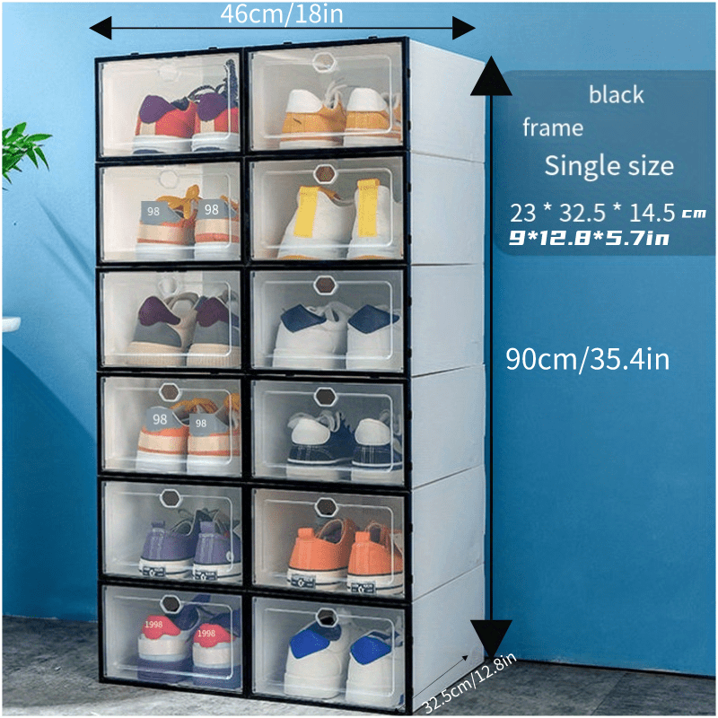 12pcs Thickened Plastic Shoes Boxes, Transparent Easy Assembly Shoes Organizer, Dustproof PP Shoes Box For Men And Women, Side Opening Door Shoes Cabinet, High Quality Shoes Storage Box black