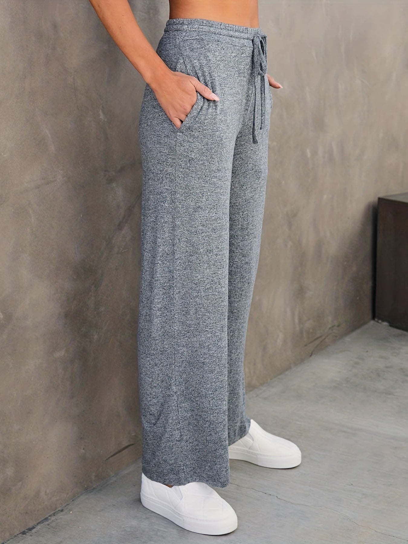 Plus Size Casual Pants, Women's Plus Solid Elastic Drawstring High Rise Medium Stretch Loose Straight Leg Pants