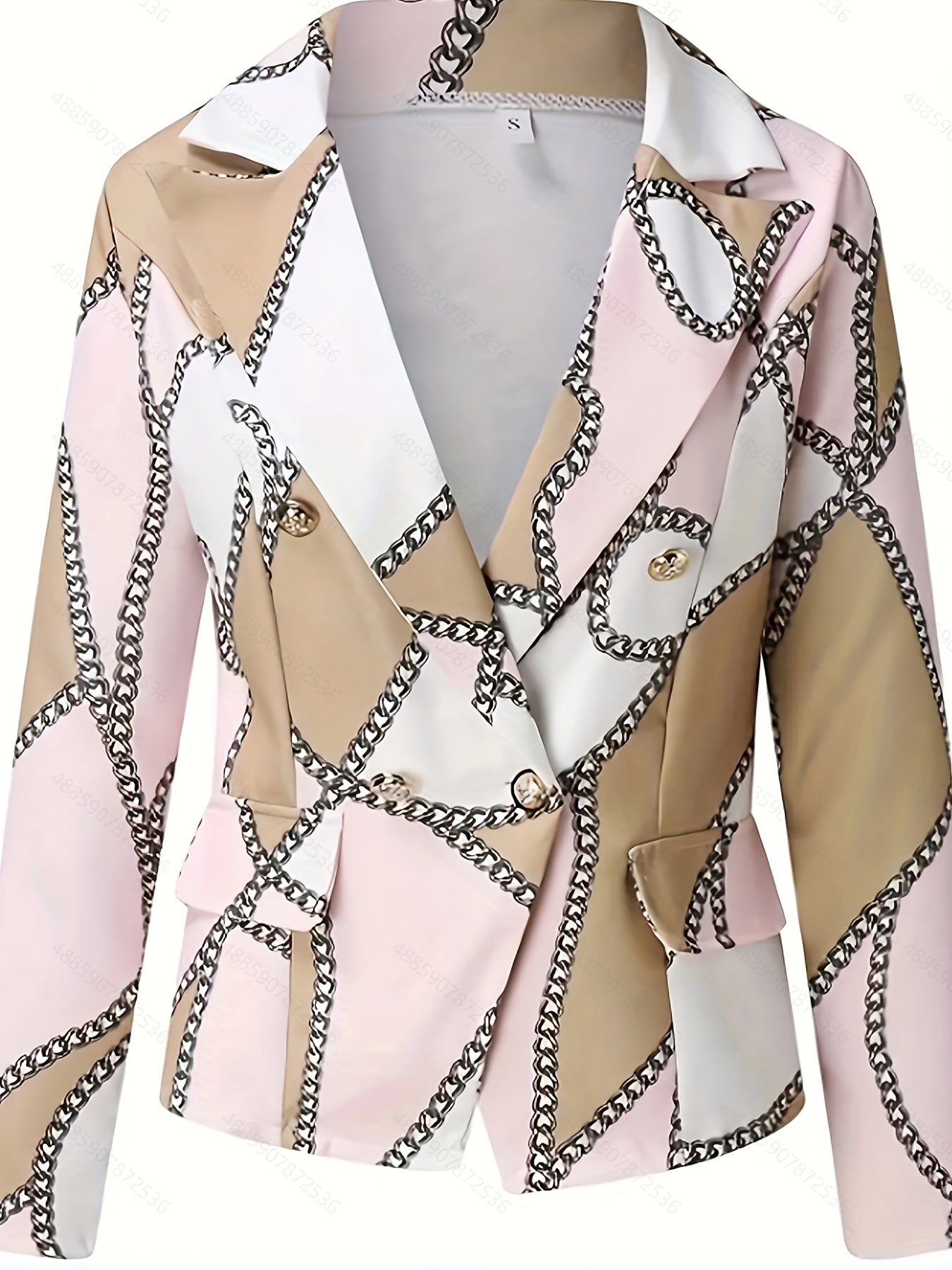 Plus Size Elegant Blazer, Women's Plus Chain Print Double Breasted Lapel Collar Long Sleeve Blazer