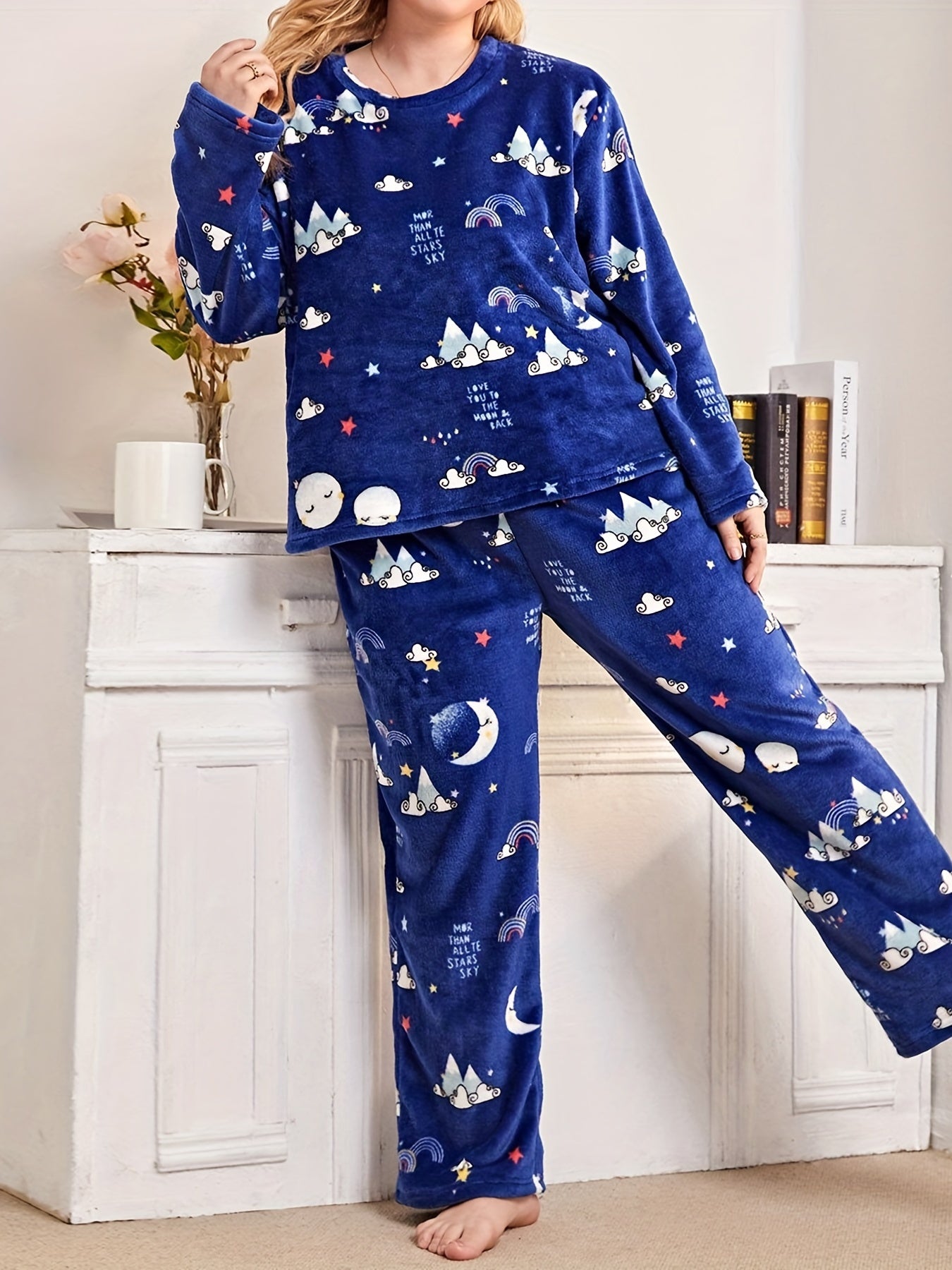 Stylish Plus Size Pajama Set - Women's Star & Cloud Print Long Sleeve Top & Pants - Perfect for Home Wear!
