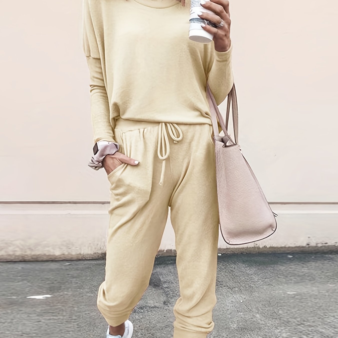 Casual Solid Two-piece Set, Long Sleeve T-shirt & Drawstring Pants Outfits, Women's Clothing Apricot