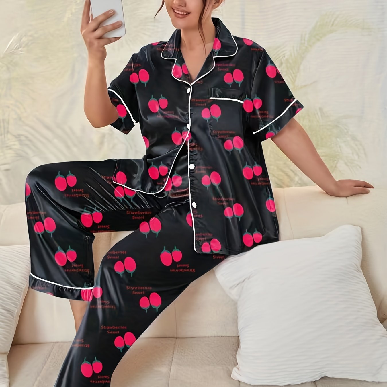 Chic Plus Size Satin Pajama Set Cherry