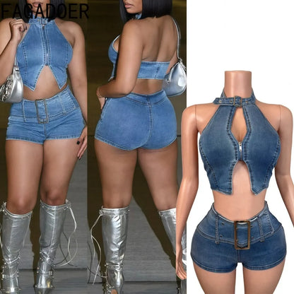 FAGADOER Y2K Sexy Denim 2 Piece Sets Woman Outfit Zipper Sleeveless Backless Halter Crop Top and Shorts Suits Female Streetwear
