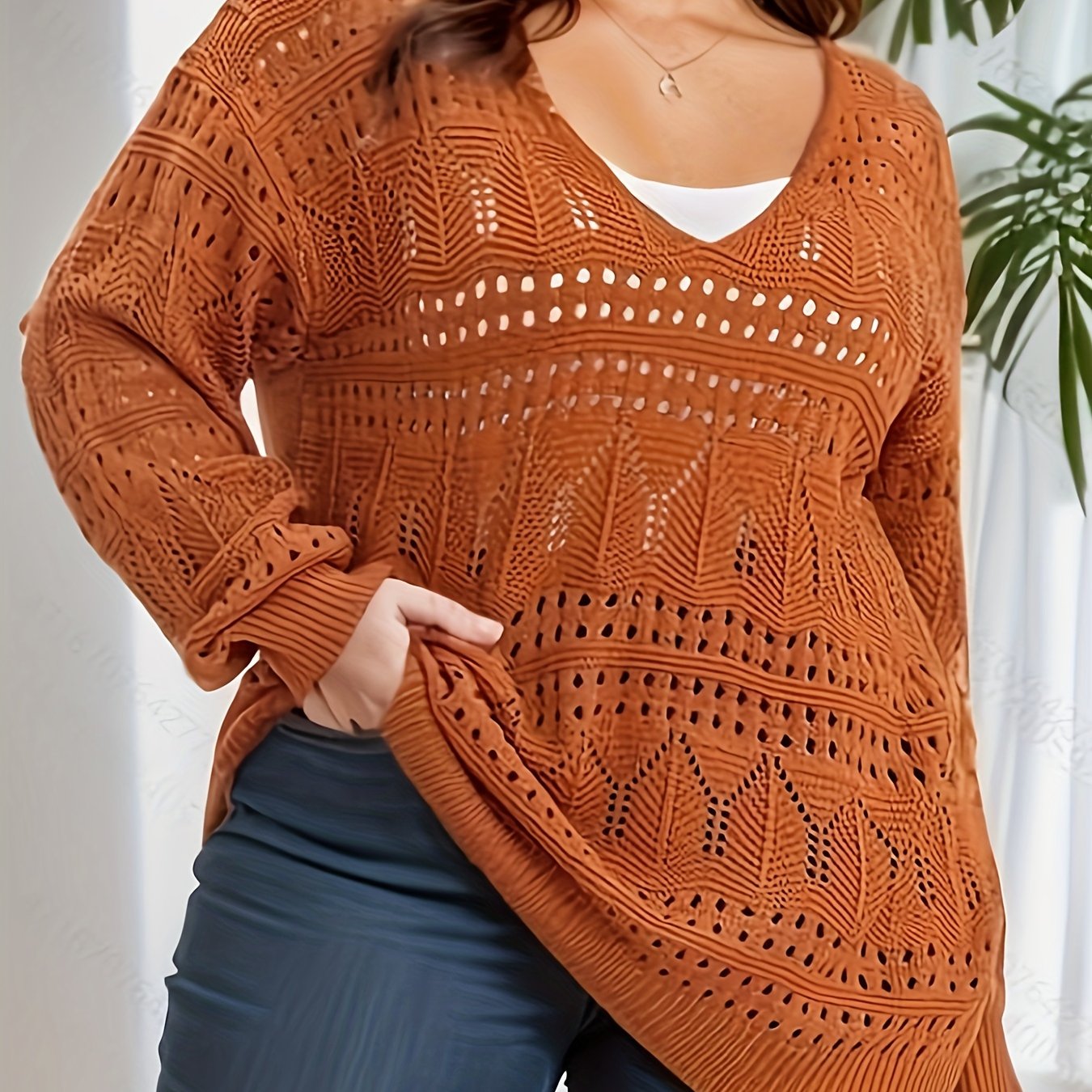 Plus Size Casual Knit Top, Women's Plus Solid Hollow Out Long Sleeve V Neck Sheer Pullover Sweater Chocolate