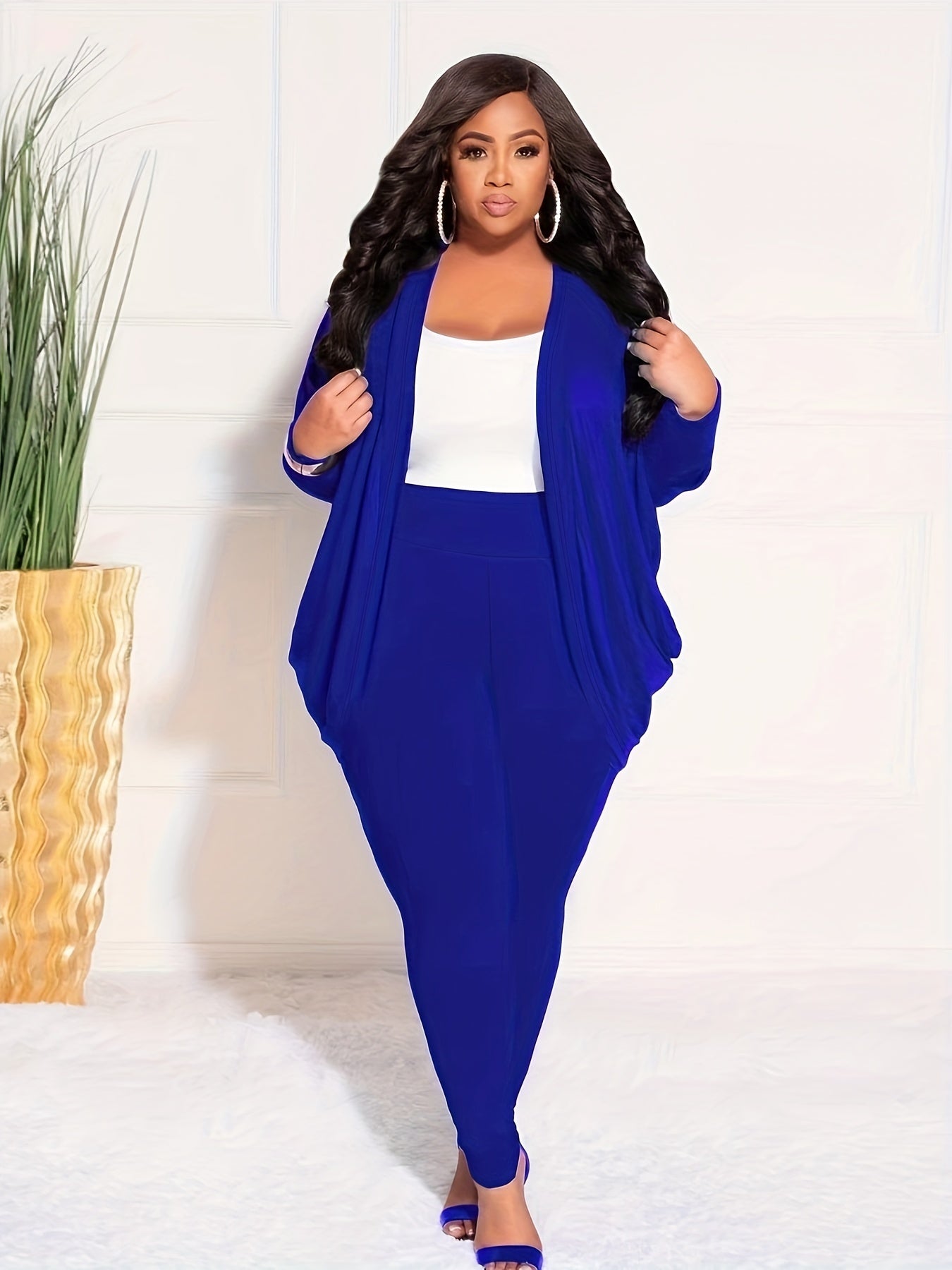 Plus Size Casual Outfits Two Piece Set, Women's Plus Solid Side Ruched Long Sleeve Open Front Cardigan & Skinny Pant Outfits Two Piece Set