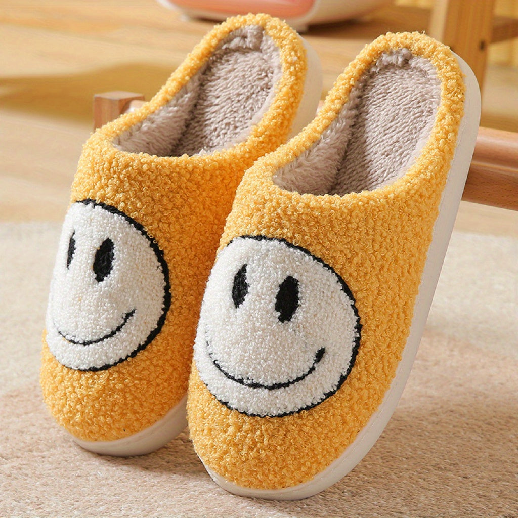 Women's Kawaii Smile Face Design Slippers, Warm Slip On Plush Lined Shoes, Women's Indoor Home Slippers